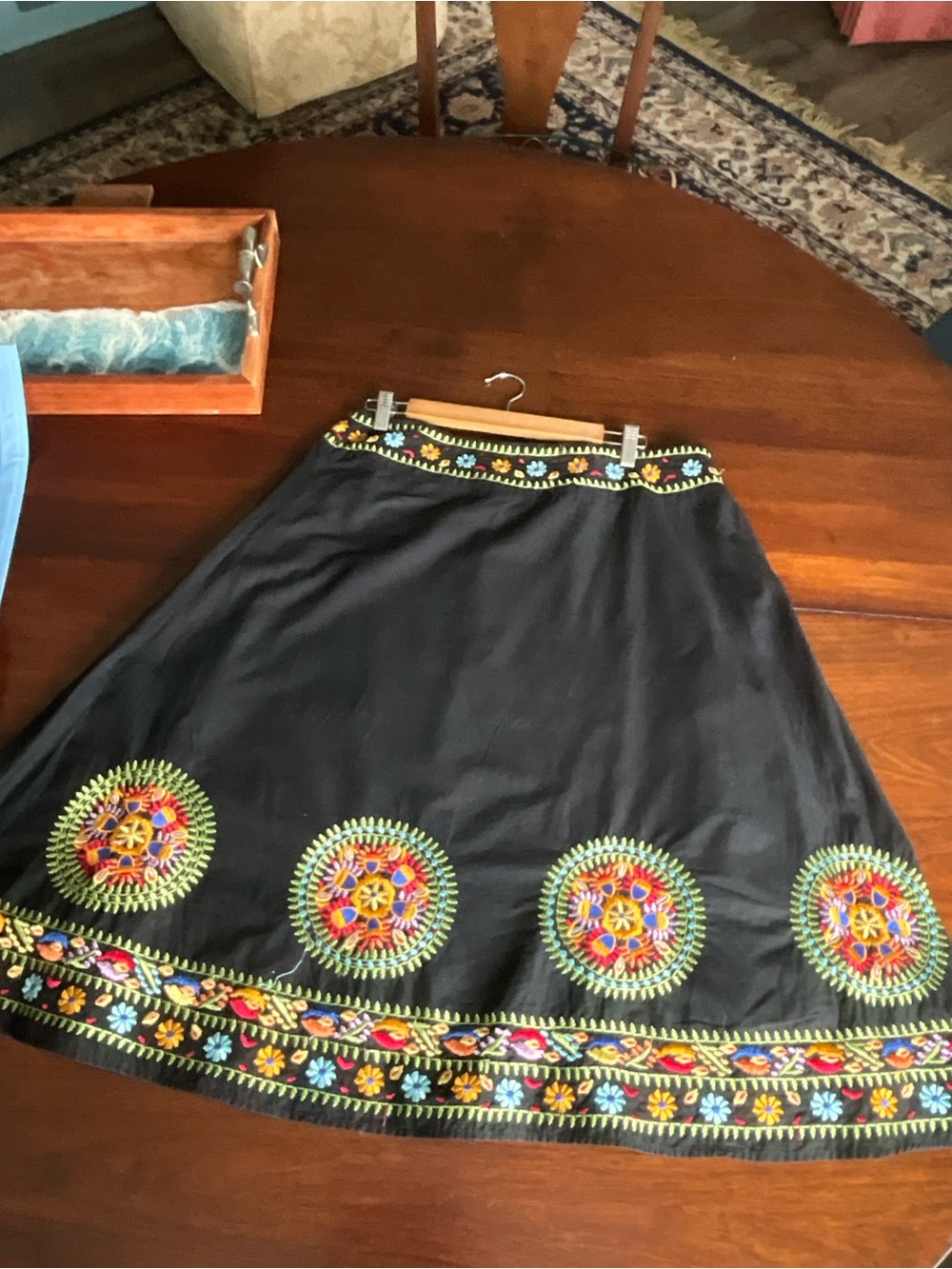 NY Collection Black A-Line Skirt with Multicolor Embroidered Medallions